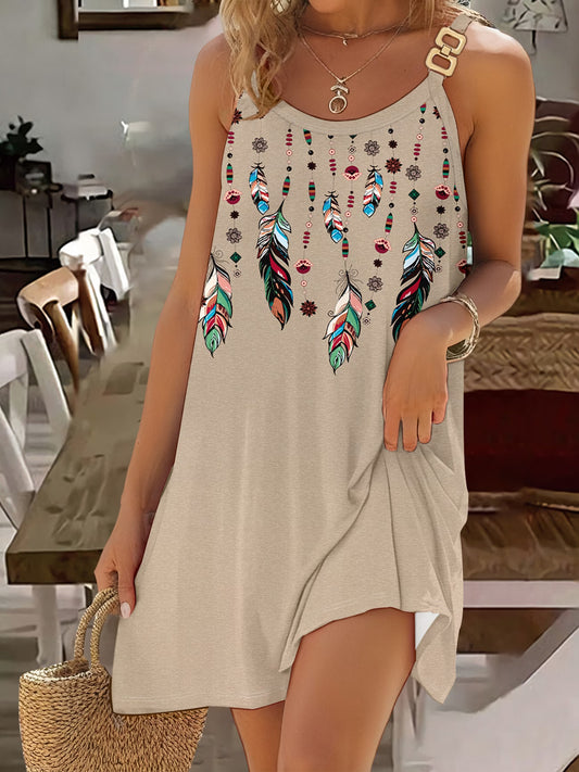Women'S Fashion Printed Double Ring Buckle Strap Dress