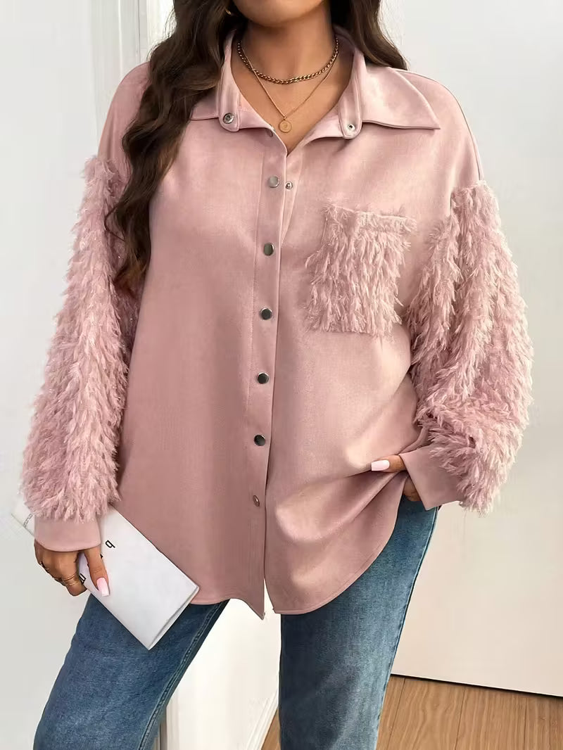 Plus Size Women'S Faux Fur Button-Up Shirt with Fluffy Collar