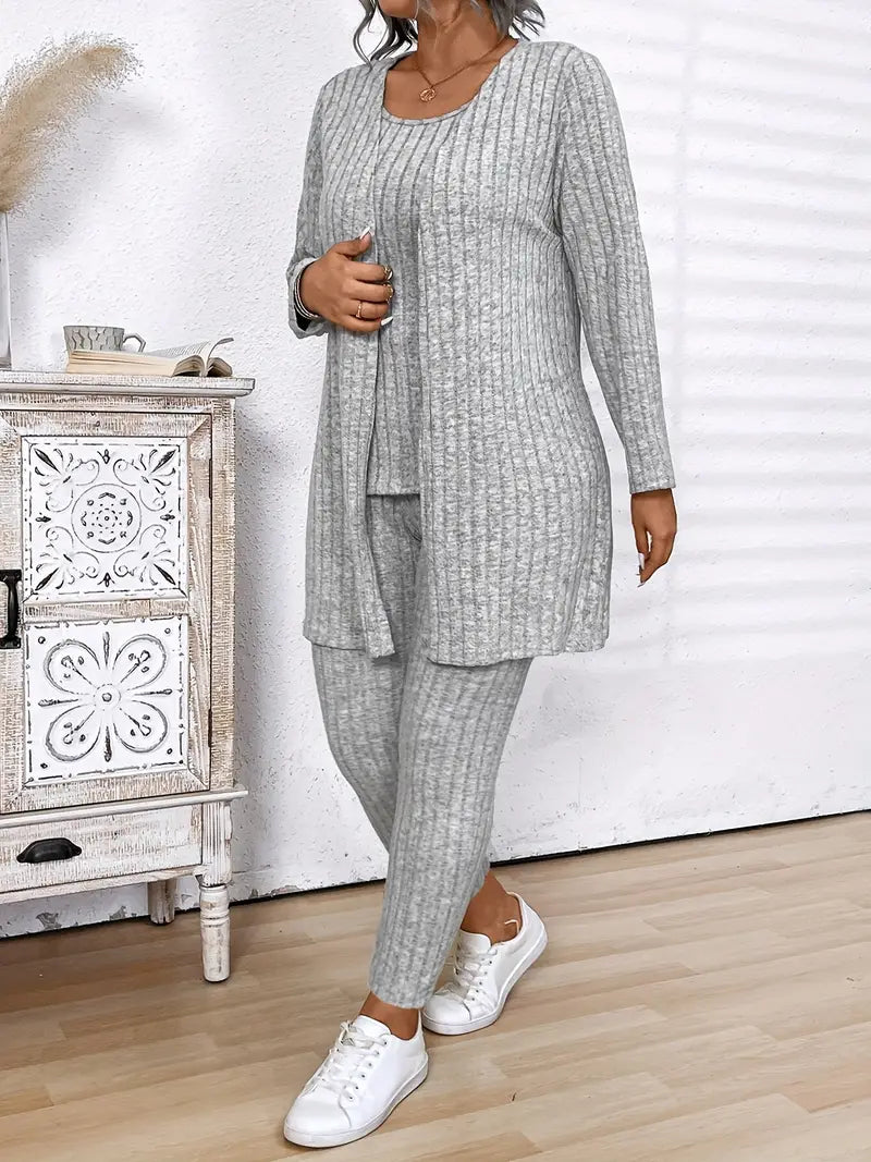 Plus Size - Plus Size - 3pcs Plus Size Women'S Ribbed Gray Cardigan,