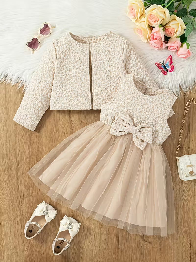 Little Girl's Two-Piece Jacquard Dress with Bow