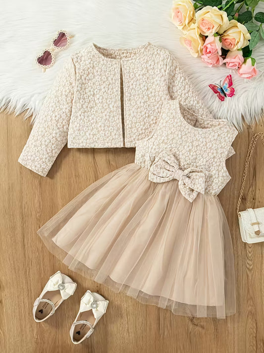 Little Girl's Two-Piece Jacquard Dress with Bow