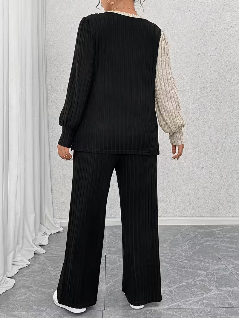 Plus Size - Women'S Casual Color Block Top And Straight Pants Set