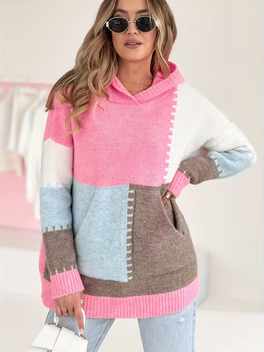 Women's Pastel Pink/Blue/Purple/Black/Brown/Gray/Beige/White/Black Color Block Sweater