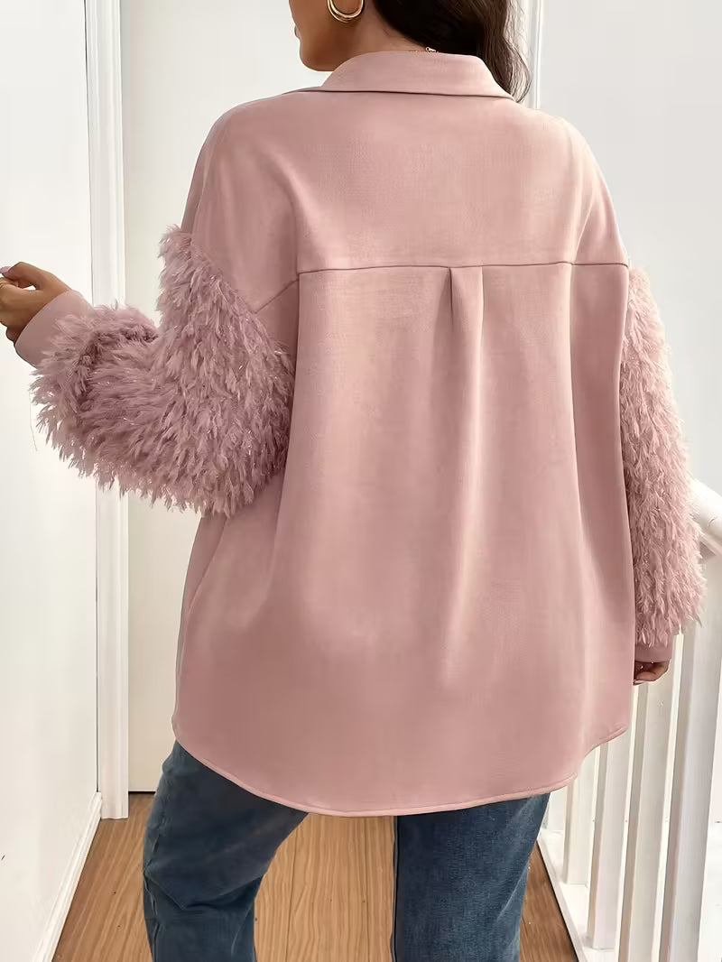 Plus Size Women'S Faux Fur Button-Up Shirt with Fluffy Collar