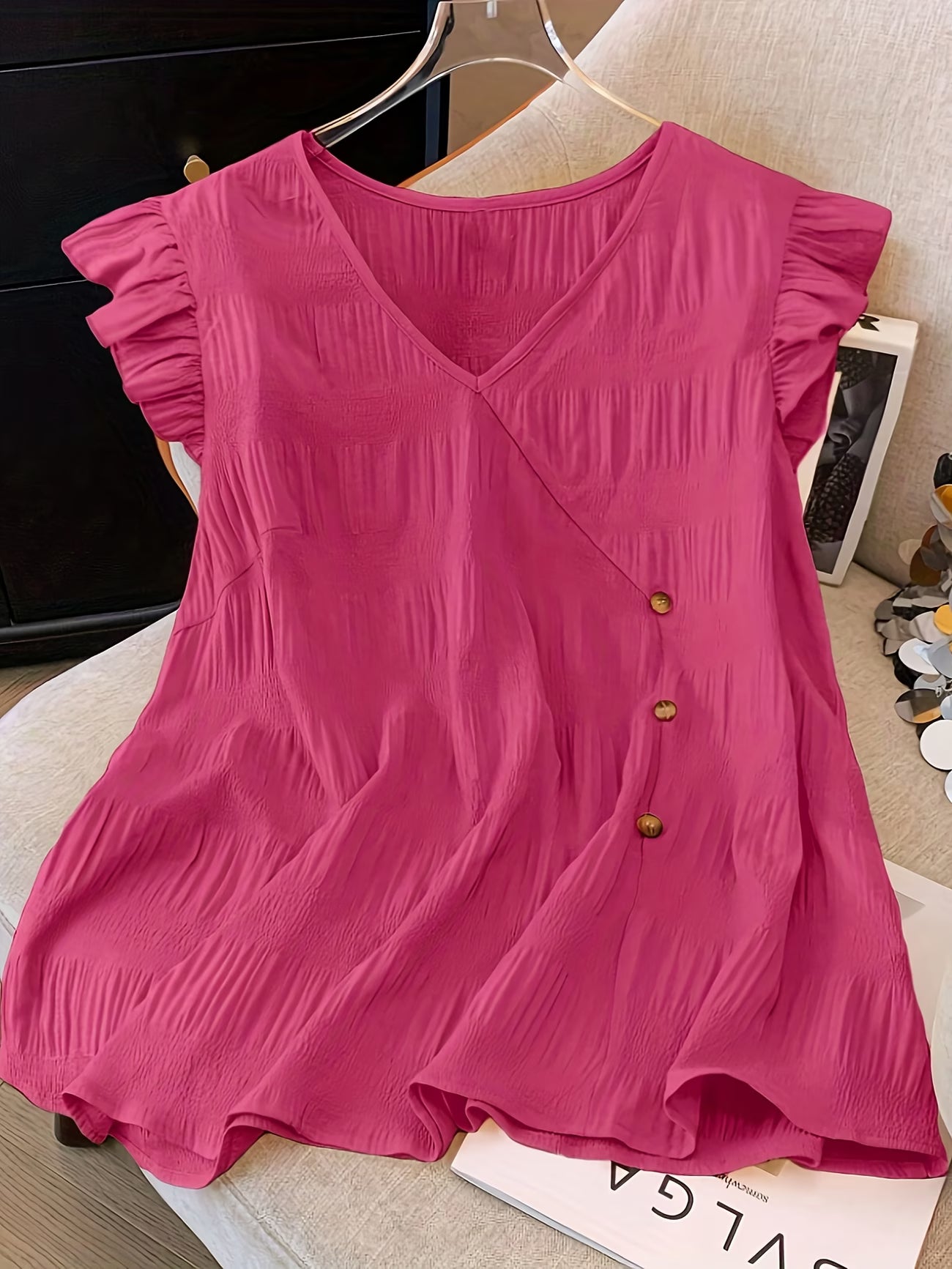 Women's Plus Size Frill Sleeve Button-Detail T-Shirt
