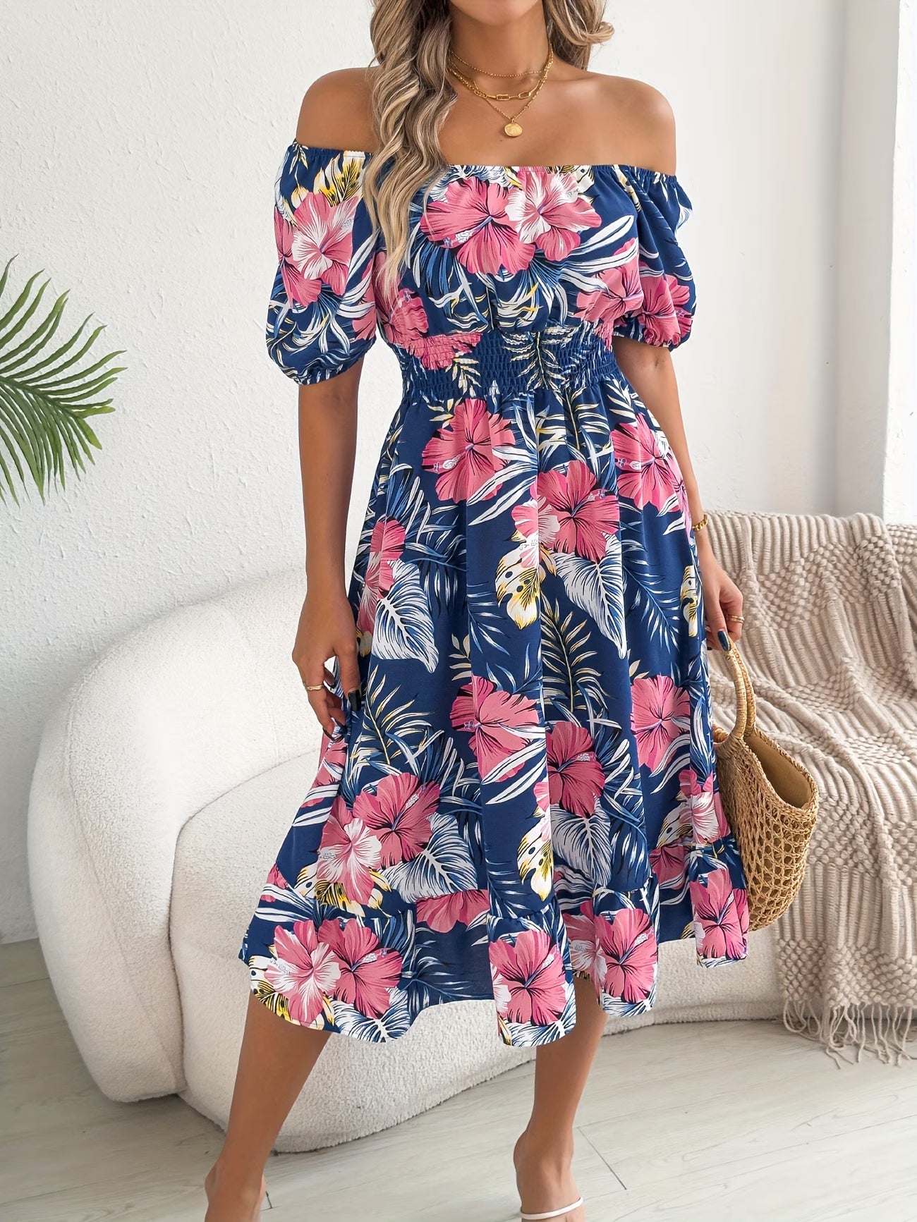 Floral Short-Sleeve Square-Neck Waist-Tied Dress