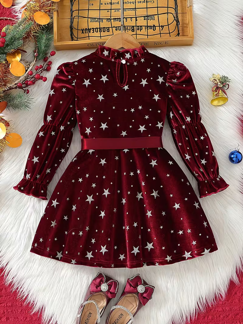 Velvet Star Print Ruffle Round Neck Long Sleeve Waist Dress with Belt,