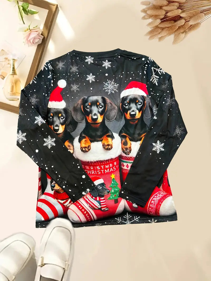 100% Polyester Festive Dachshund Print Long Sleeve T-Shirt