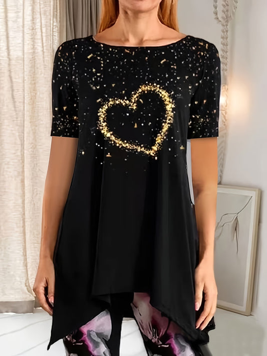Plus-Size Women's Heart Print Short-Sleeve Elegant Top