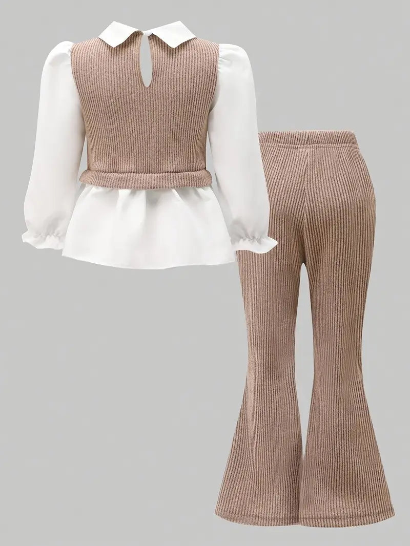 2pcs Girls' White & Brown  Set