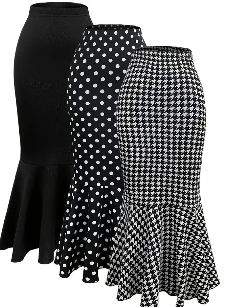 Plus Size Elegant Polka Dot Houndstooth Print Fish Tail Skirt Set of Three