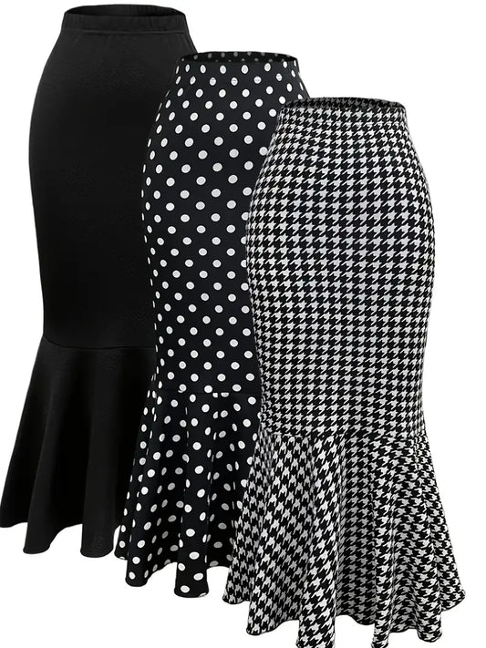 Plus Size Elegant Polka Dot Houndstooth Print Fish Tail Skirt Set of Three