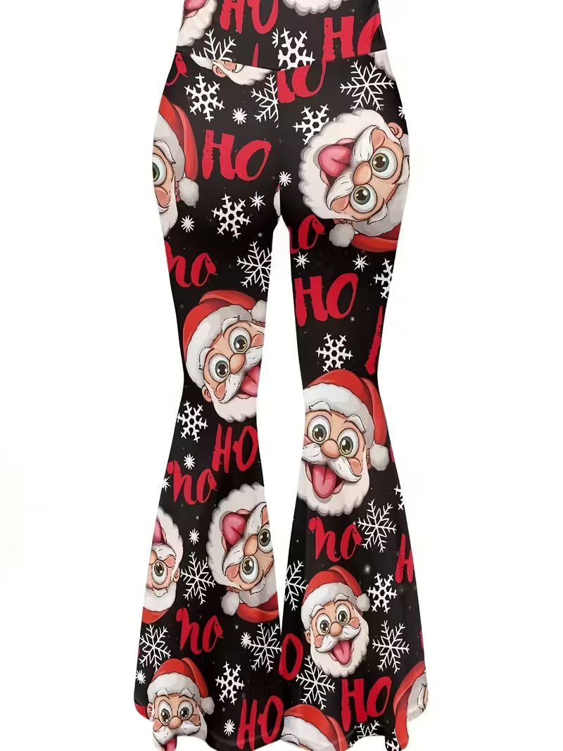 Christmas Print Polyester Knit Pants - Comfort Fit Flare Leg