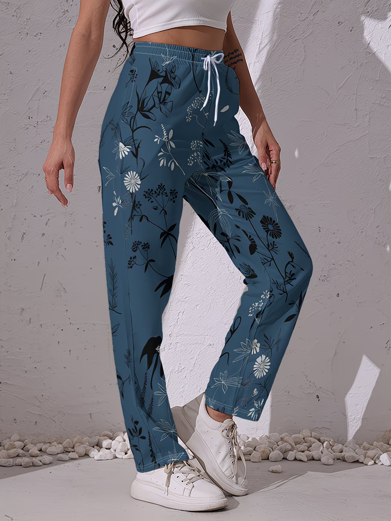 Women's Floral Print Casual Trousers | Dark Blue with Black & White Pattern