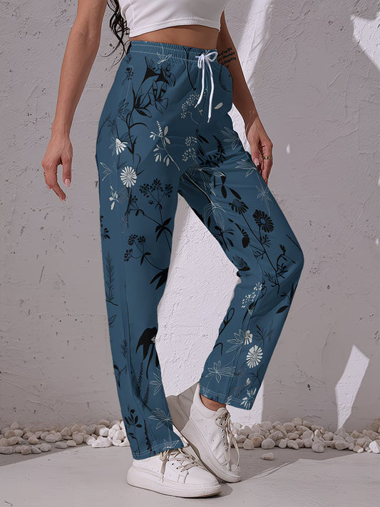 Women's Floral Print Casual Trousers | Dark Blue with Black & White Pattern