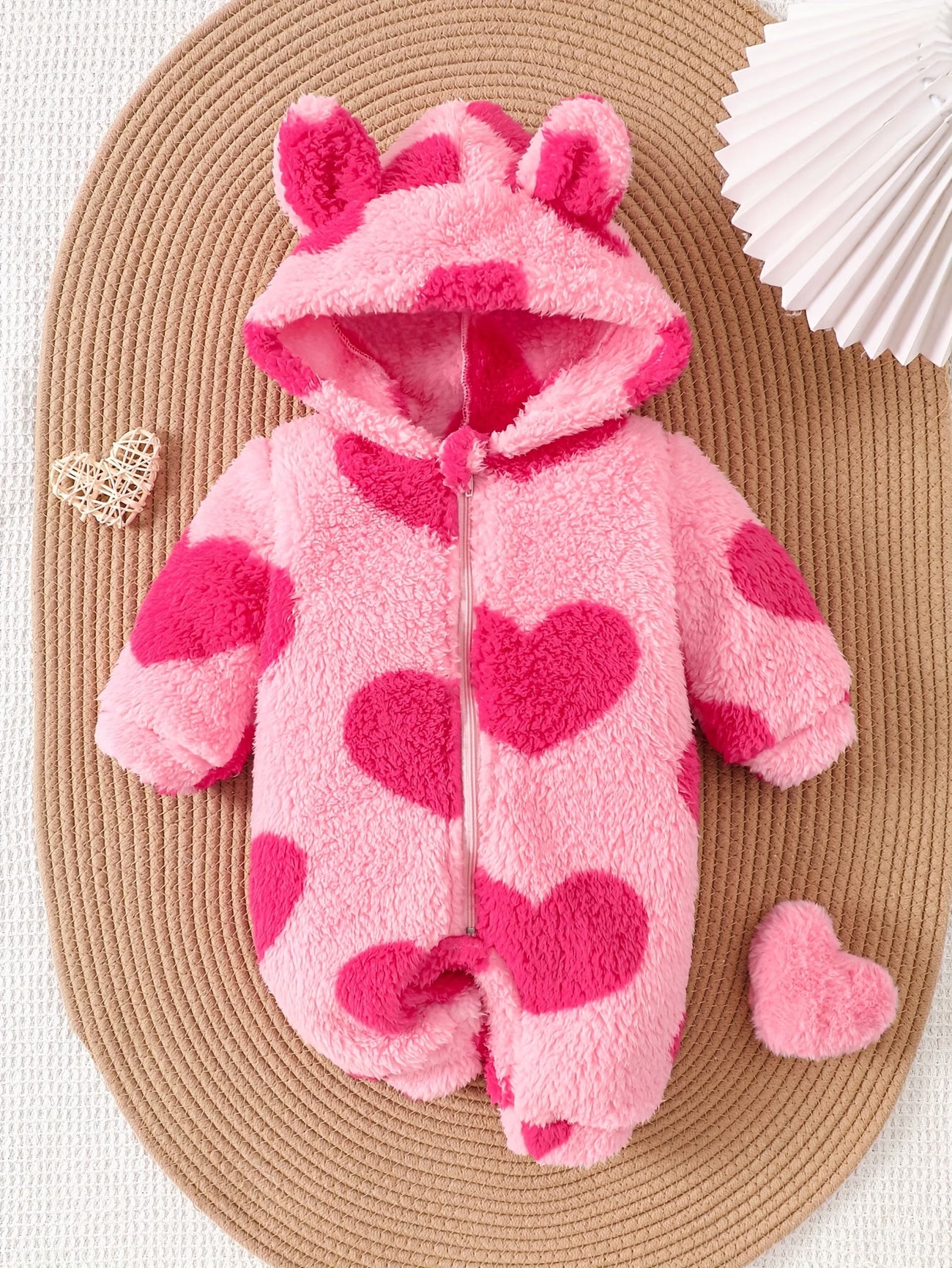 Girls' Pink Plush Romper with Zipper and Hood,
