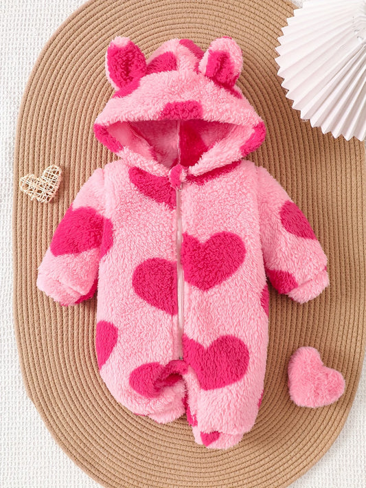 Girls' Pink Plush Romper with Zipper and Hood,