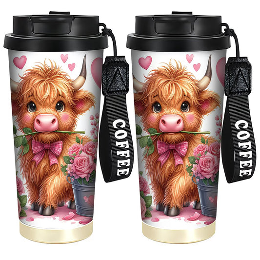 1pc 18oz 316 Stainless Steel Vacuum Coffee Mug with Cute Scottish Cow & Pink Hearts Design