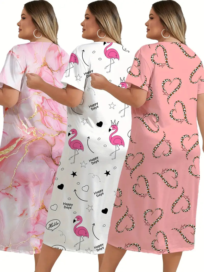 Women'S Plus Size 3pcs Short Sleeve Nightgown Set