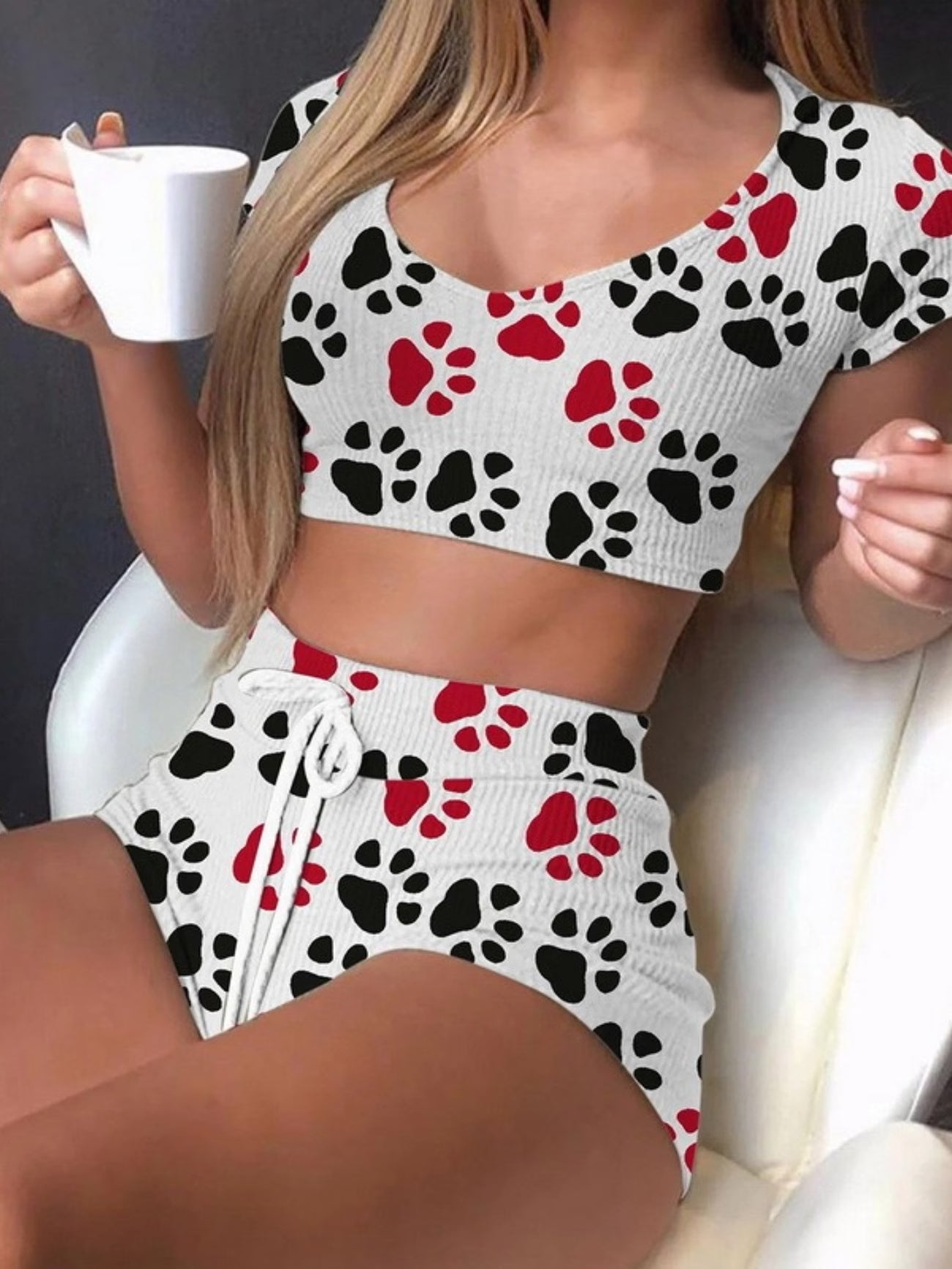 Summer Women's Fashion Temperament Cute Printed Short Sleeve T-Shirt Set