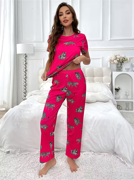 Women's Pajamas Cartoon Animal Tiger Short Sleeve Long Pants Home Clothes Set