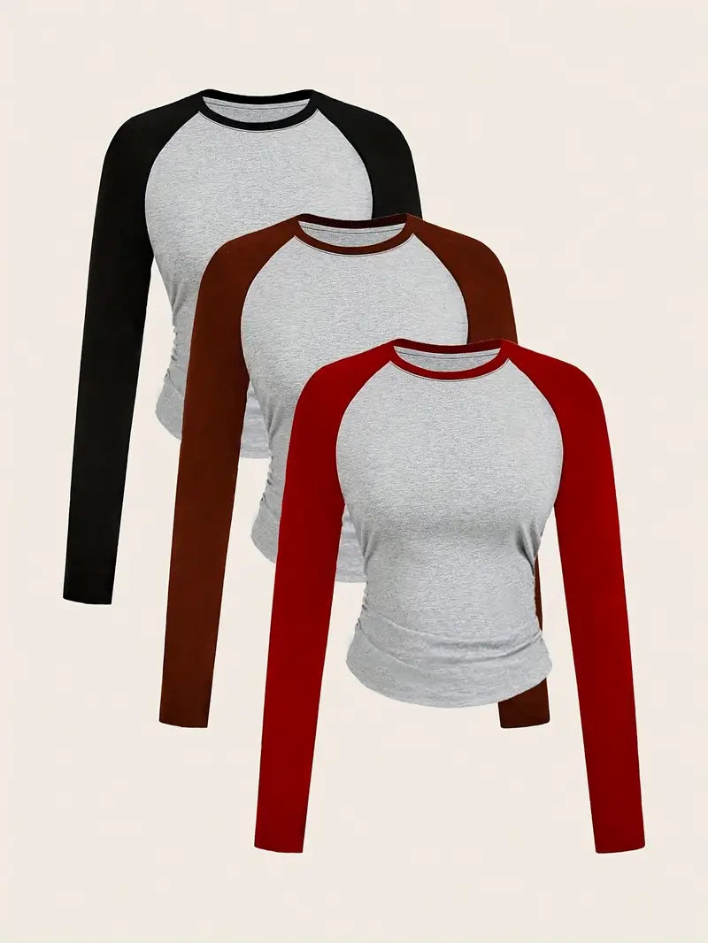 3pcs Women'S Casual Color Block T-Shirt Set