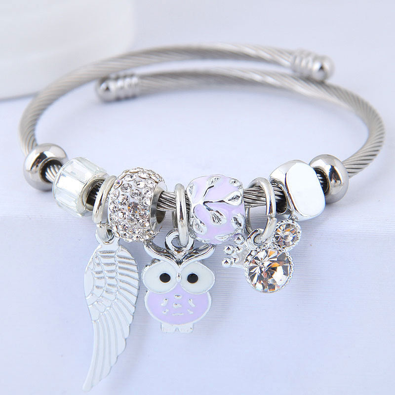 Beaded Owl & Angel Wings Charm Bracelet