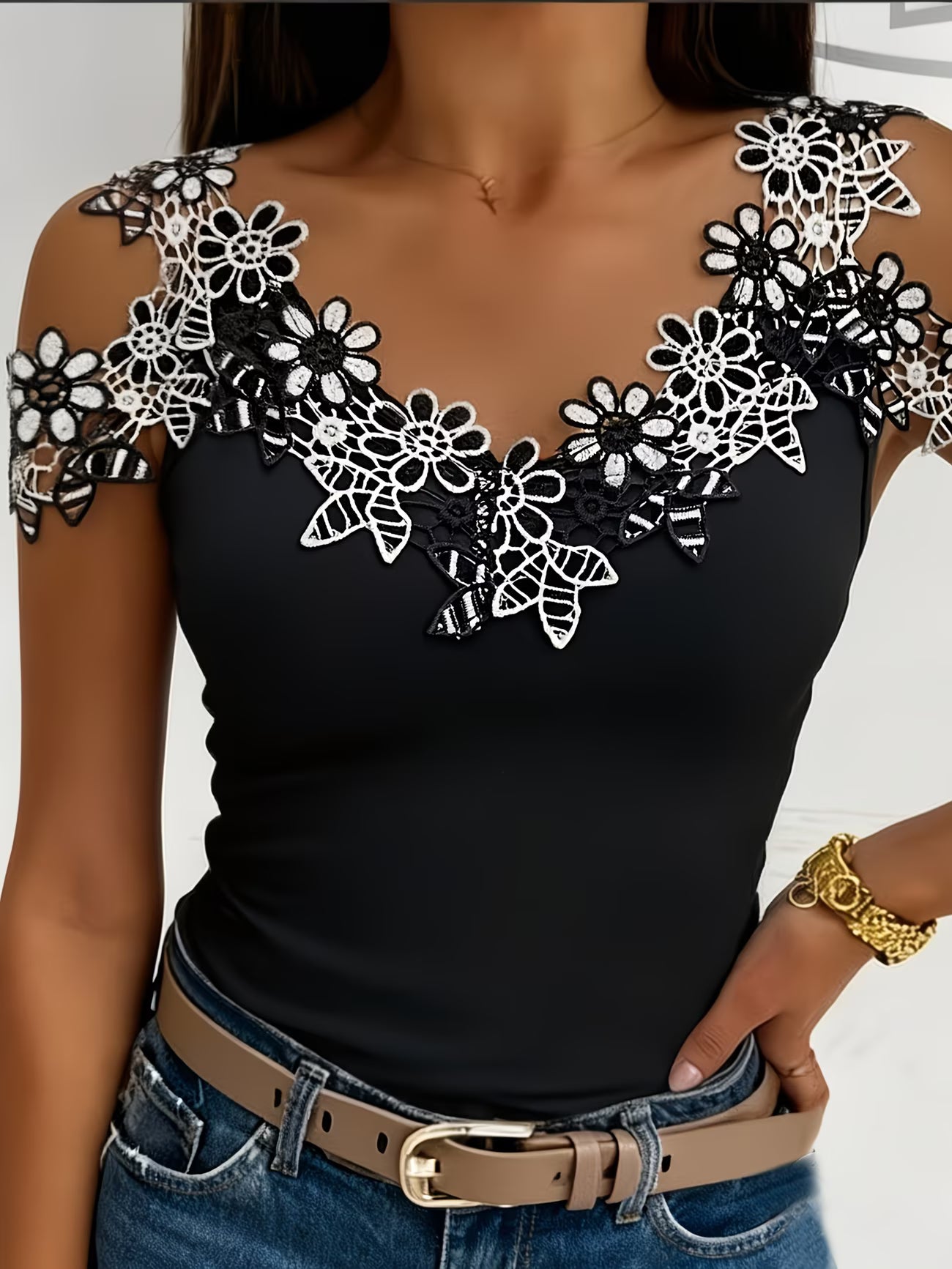 - French Sweet Cool Lace Camisole with Black Base And White Floral Lace Patchwork,