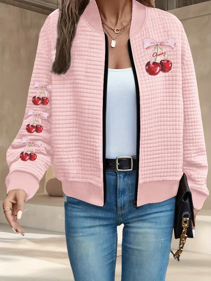 Women's Casual Waffle Zip-Up Jacket Cherry Pattern Print