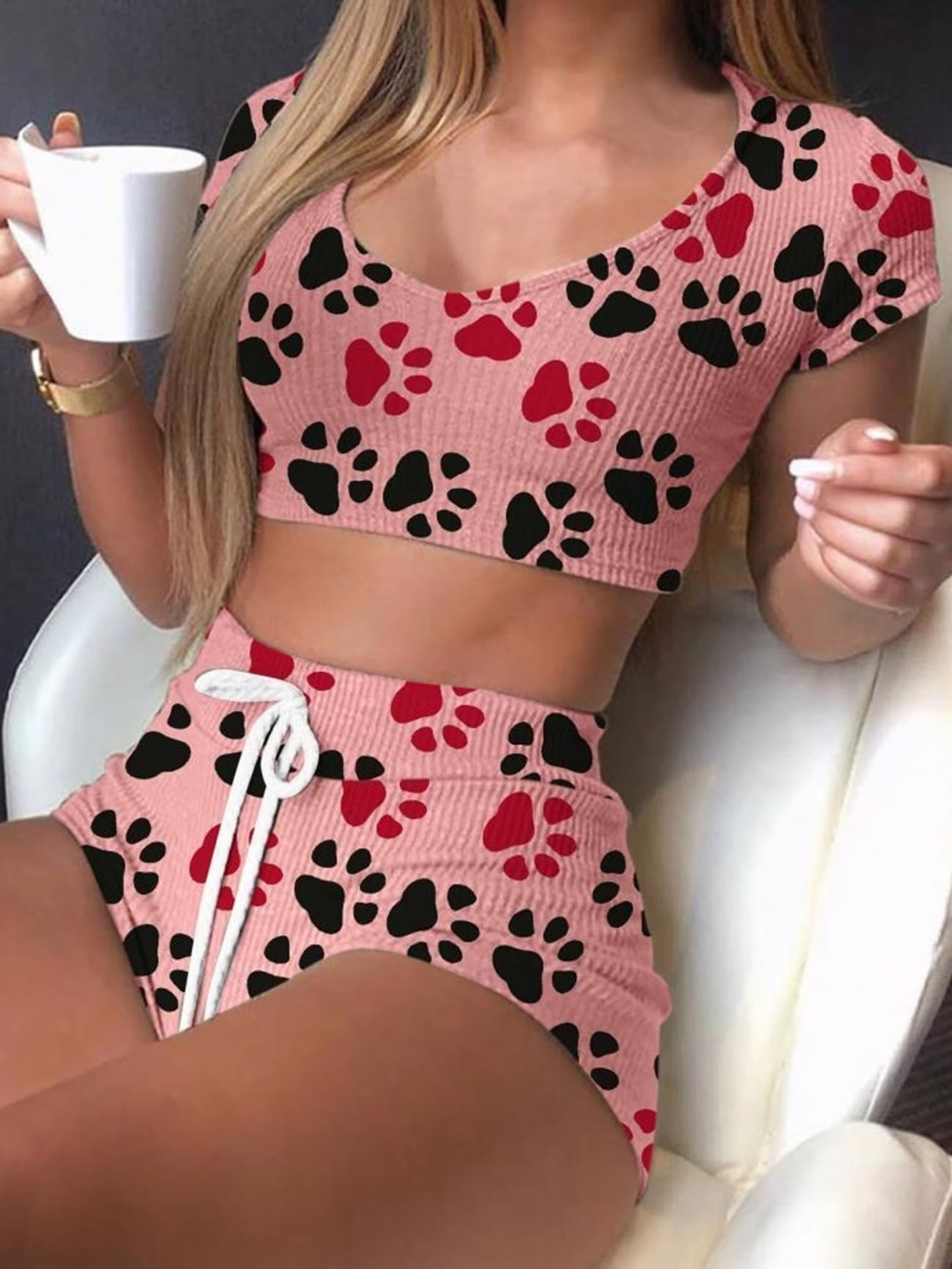 Summer Women's Fashion Temperament Cute Printed Short Sleeve T-Shirt Set