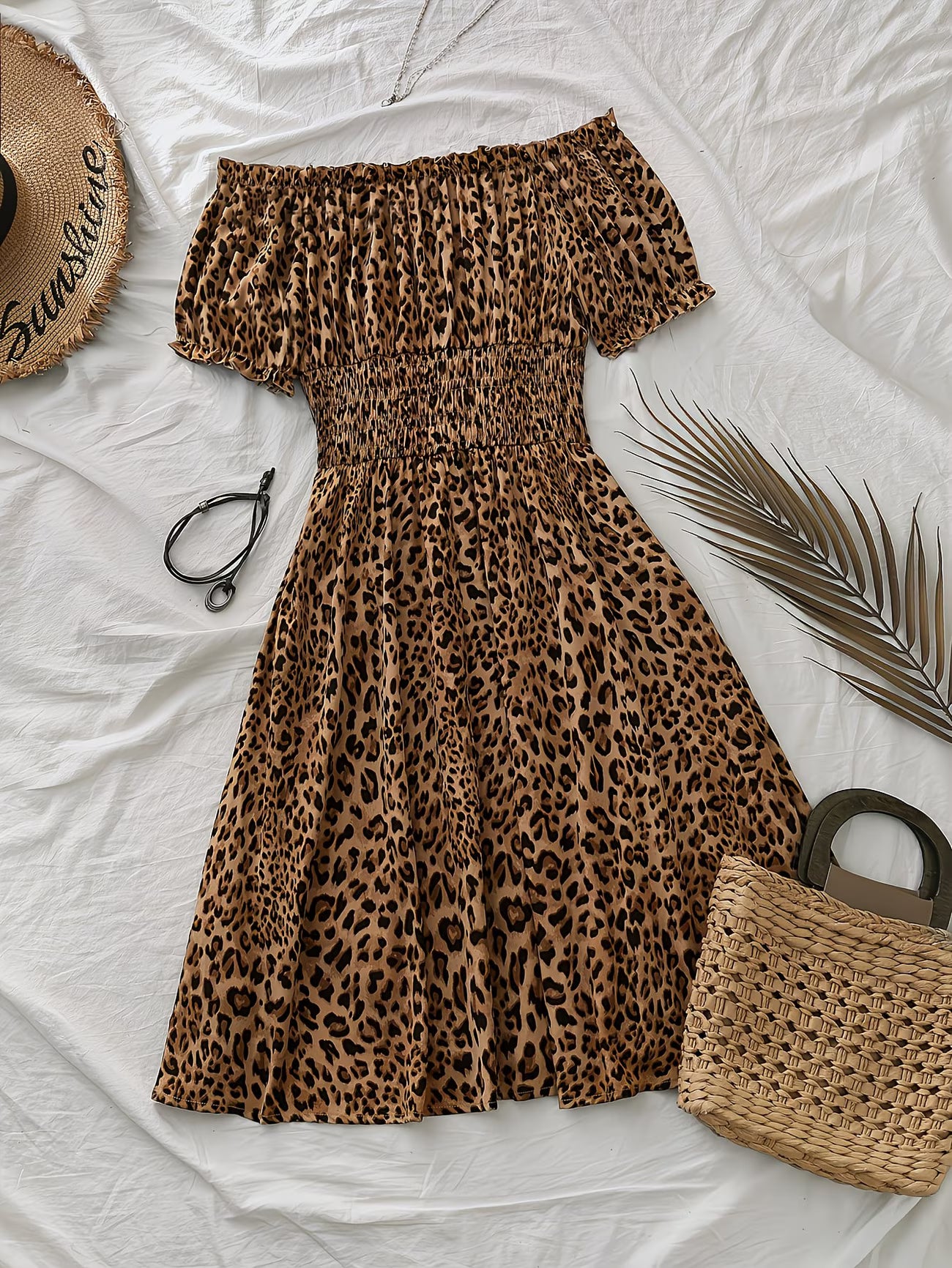 Plus Size Leopard Print Off-Shoulder Women's Dress, Stretch Waist Design,