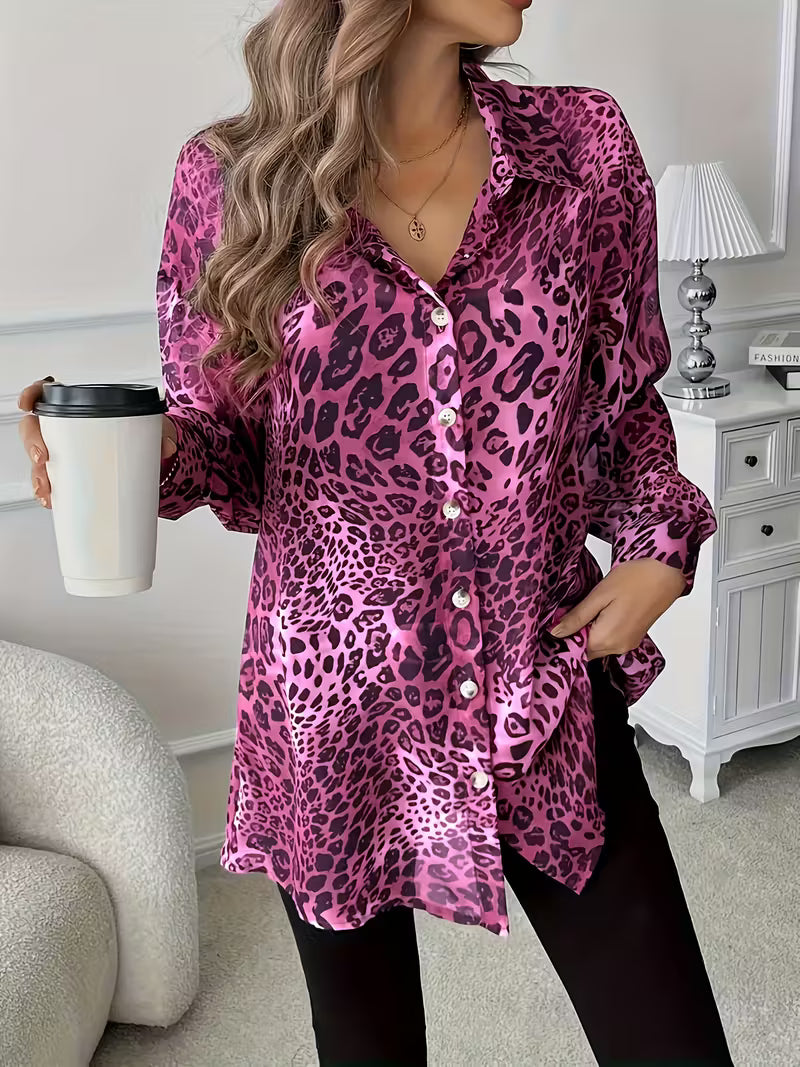 Plus Size - Women'S Leopard Print Long Sleeve Shirt