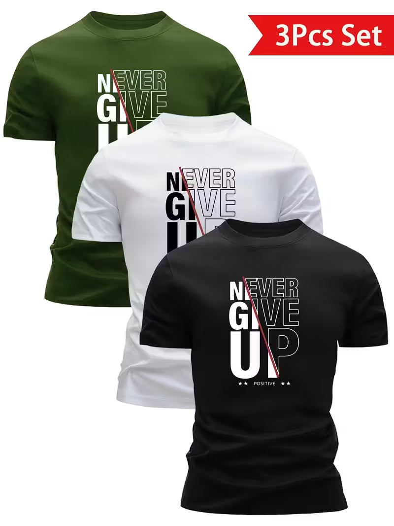 3pcs Men'S "Never Give Up" Graphic T-Shirt Set