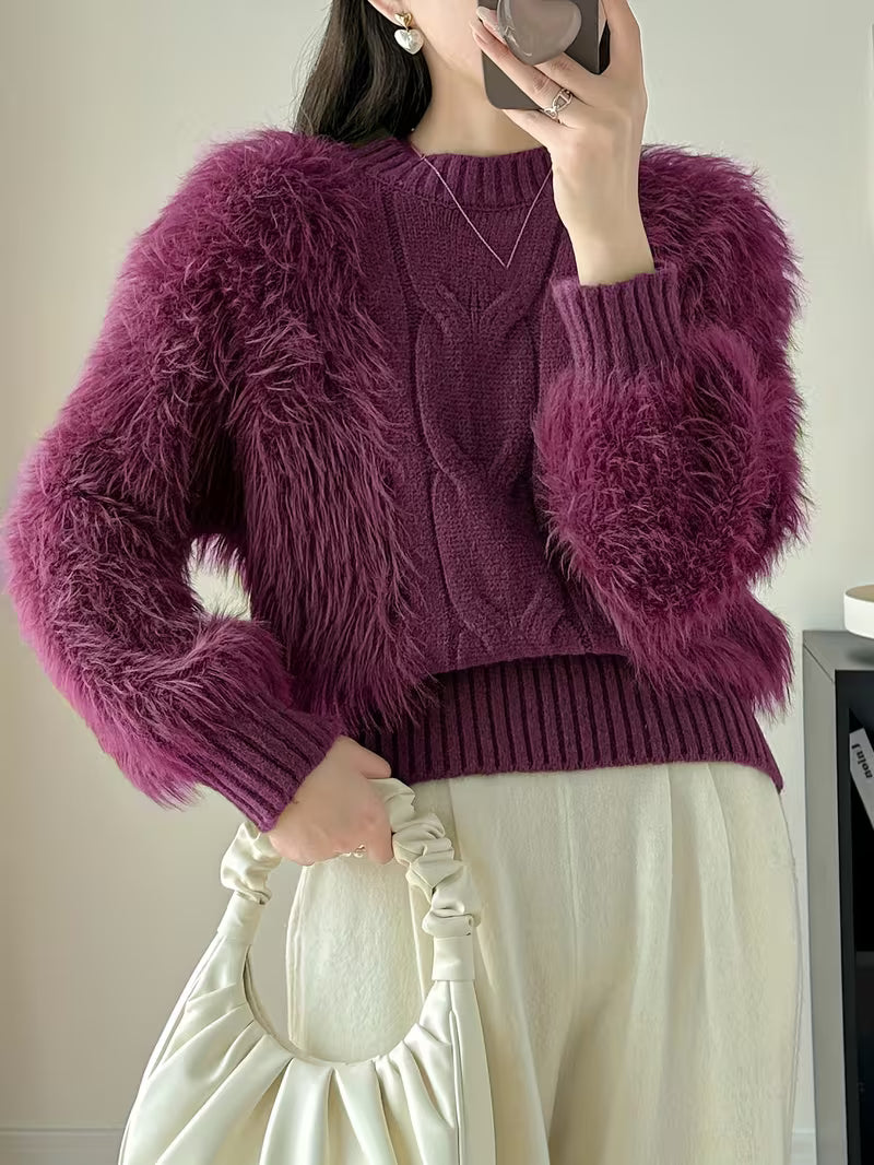 Women's Winter Casual Round Neck Fuzzy Long-Sleeve Sweater