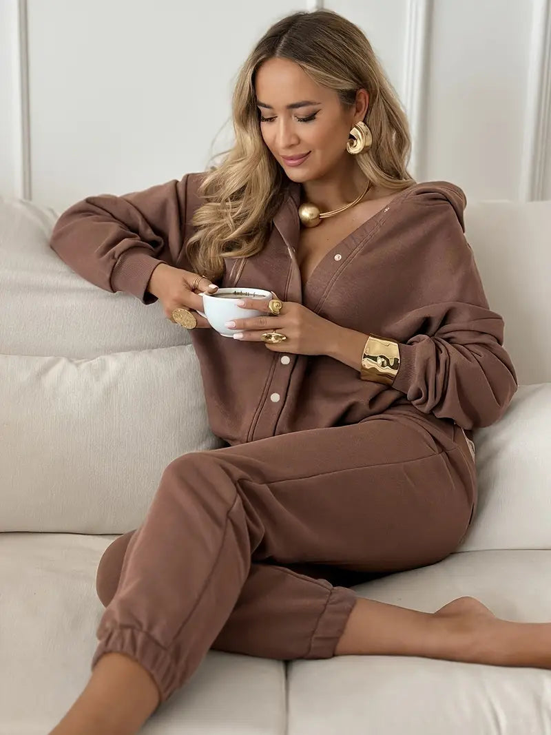 Chocolate Color swear Set Hooded Sweatshirt + Joggers Set