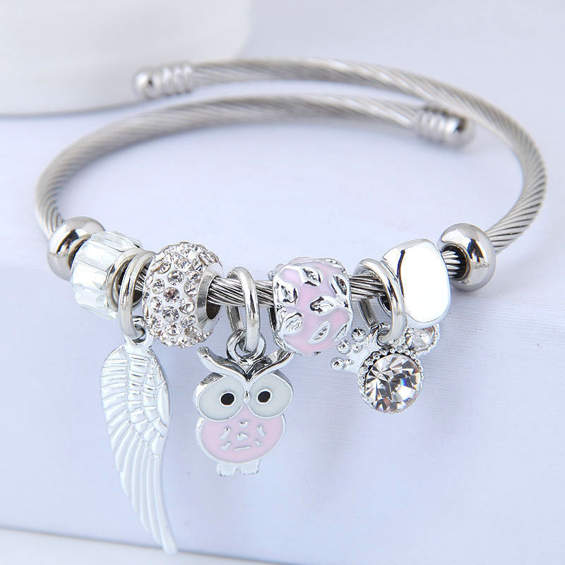 Beaded Owl & Angel Wings Charm Bracelet
