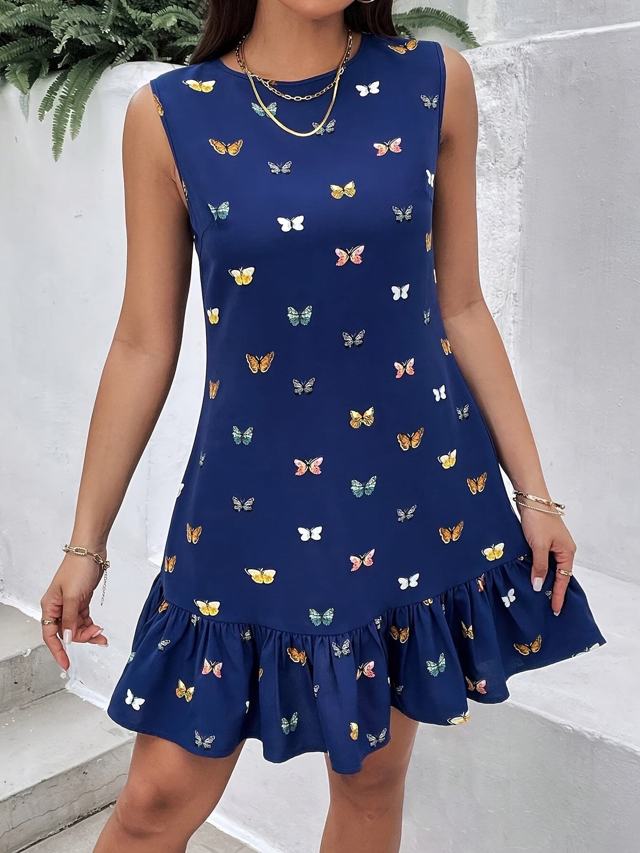 Butterfly Print Sleeveless A-Line Dress