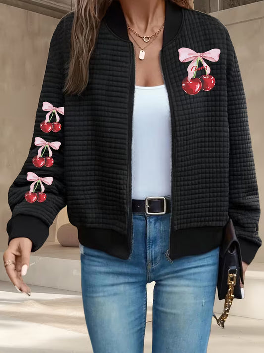 Women's Casual Waffle Zip-Up Jacket Cherry Pattern Print