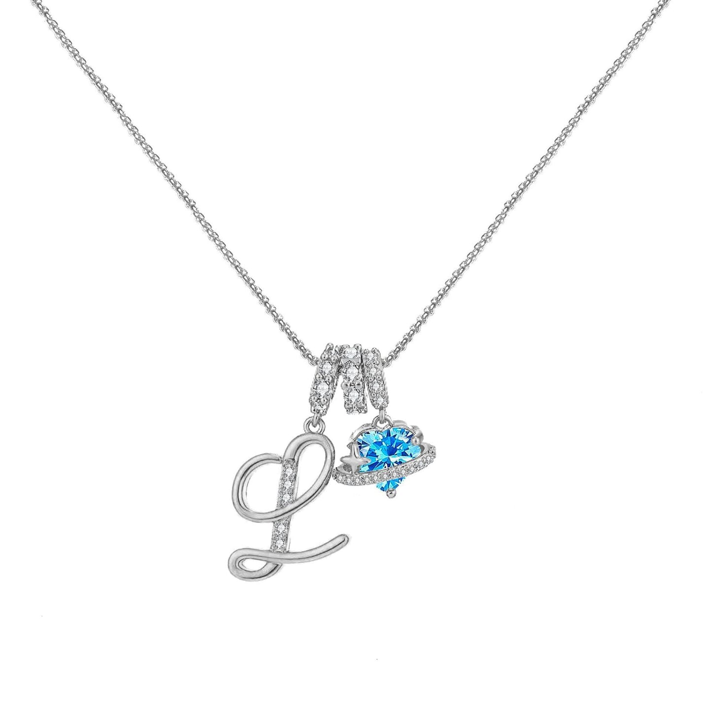 A-Z Alphabet Elegant Blue Heart Necklace with Zircons