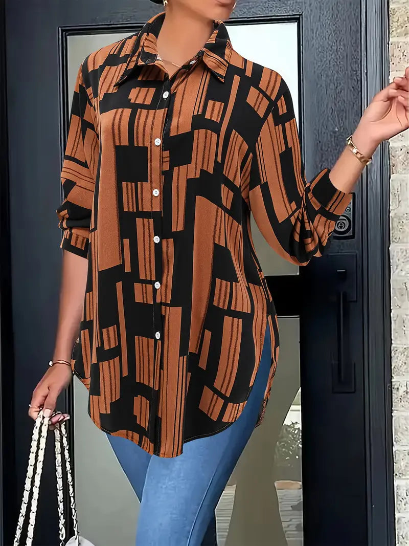 Plus Size Women'S Casual Printed Blouse with Side Slit