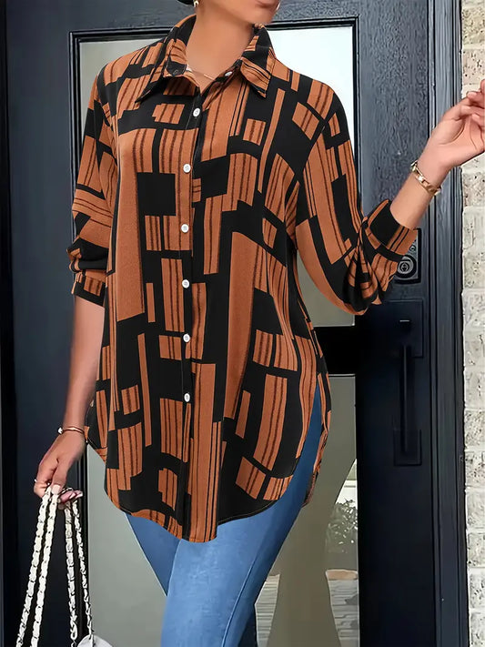 Plus Size Women'S Casual Printed Blouse with Side Slit