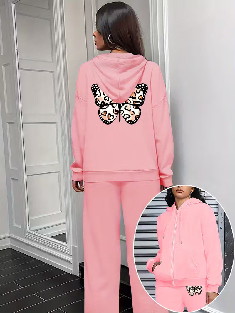 Graphic Print Two Piece Set, Hoodie & Pants,