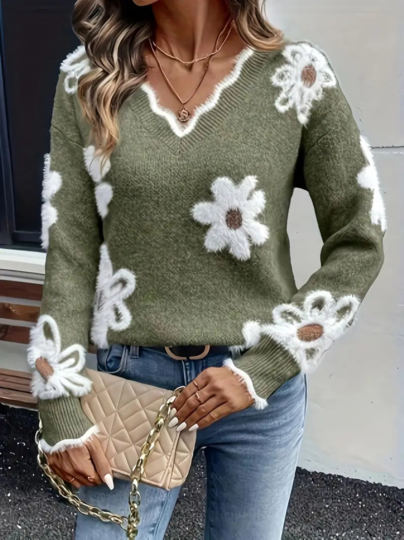 Women'S V-Neck Floral Sweater