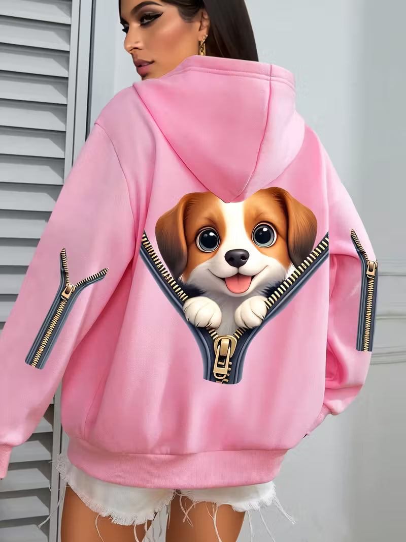 Plus Size Women's Cute Puppy Print Hoodie