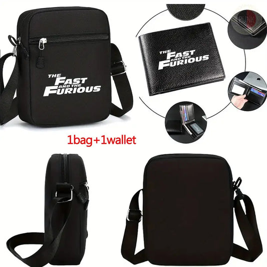 Fast and the Furious Men's Stylish Crossbody Bag with Matching Faux Wallet Set