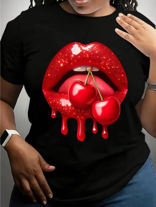 Women's Graphic T-Shirt - Bold Red Lips & Cherry Print,