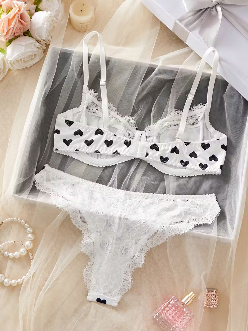 Women'S Bra Set with Heart Print and Lace Trim,