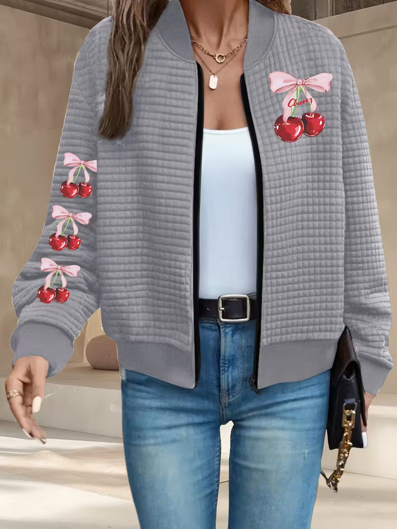 Women's Casual Waffle Zip-Up Jacket Cherry Pattern Print