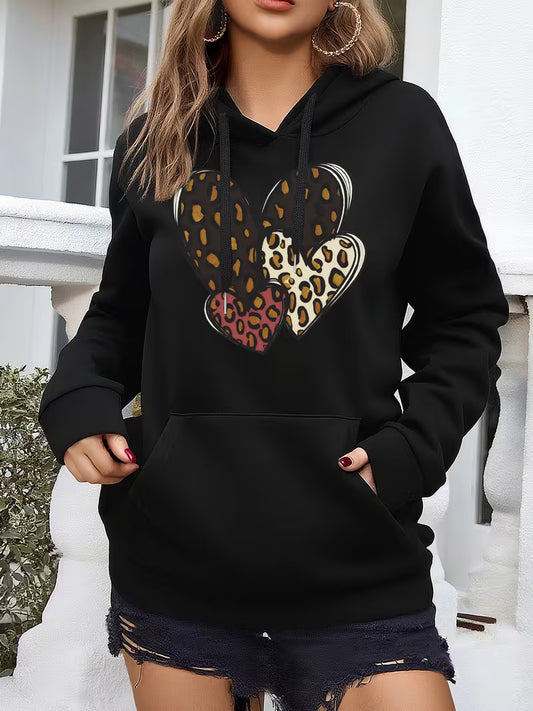 Women'S Leopard Print Heart Hooded Sweatshirt