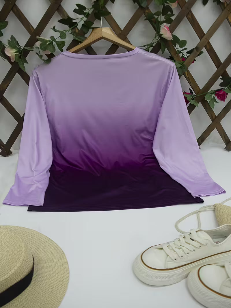 Plus Size Women'S Elegant Butterfly Print V-Neck Long Sleeve T-Shirt